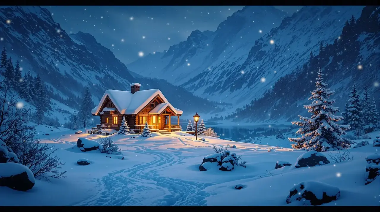 子夜影视冬日收藏引导 雪松林间小屋夜景 - 子夜影视收藏引导